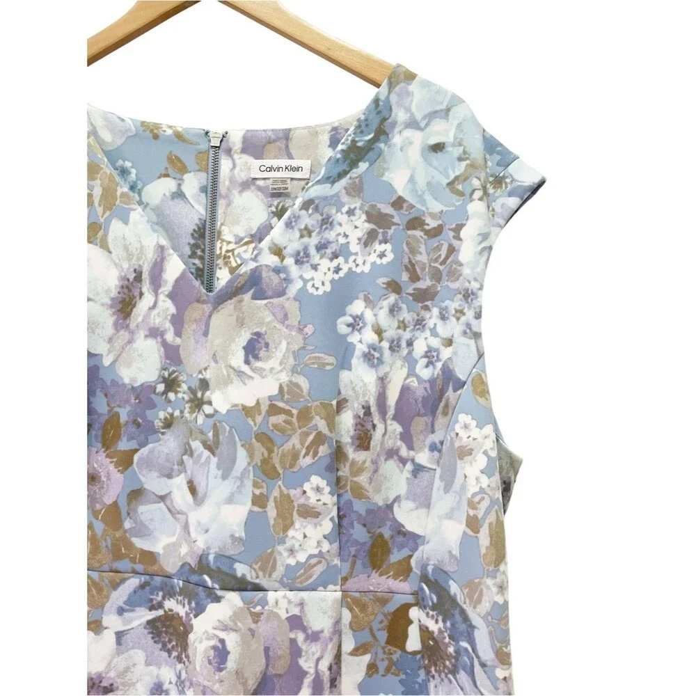 NWT Calvin Klein 22W Blue Floral Sheath Dress Plus Size Cap Sleeve Career